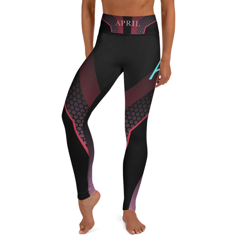 Pink and Black April F/B Waistband Logo Women's Yoga Leggings With Double AA Logo